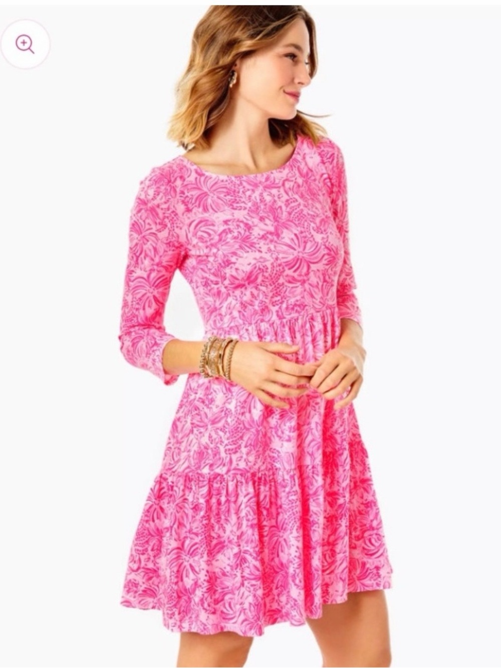 Lily Pulitzer Geanna Pink Floral Long-Sleeve Tiered Fit & Flare Dress